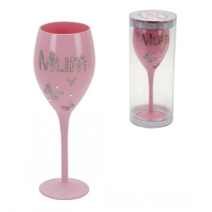 CELEBRATION PINK WINE GLASS WITH GLITTER BUTTERFLY MUM